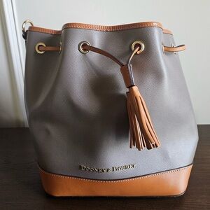 Dooney & Bourke Grey & Tan Leather Large Drawstring Bucket Bag